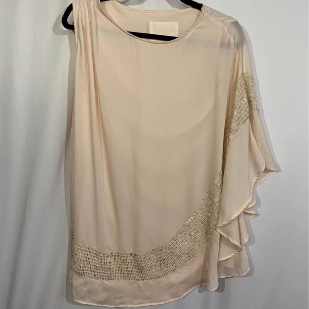 Shulami one shoulder draping blouse. Lined. Pale peach. Hand sewn beads. Medium.